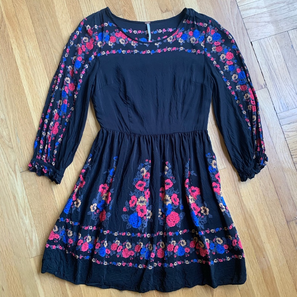 Free People Black Floral Babydoll Dress Size 2